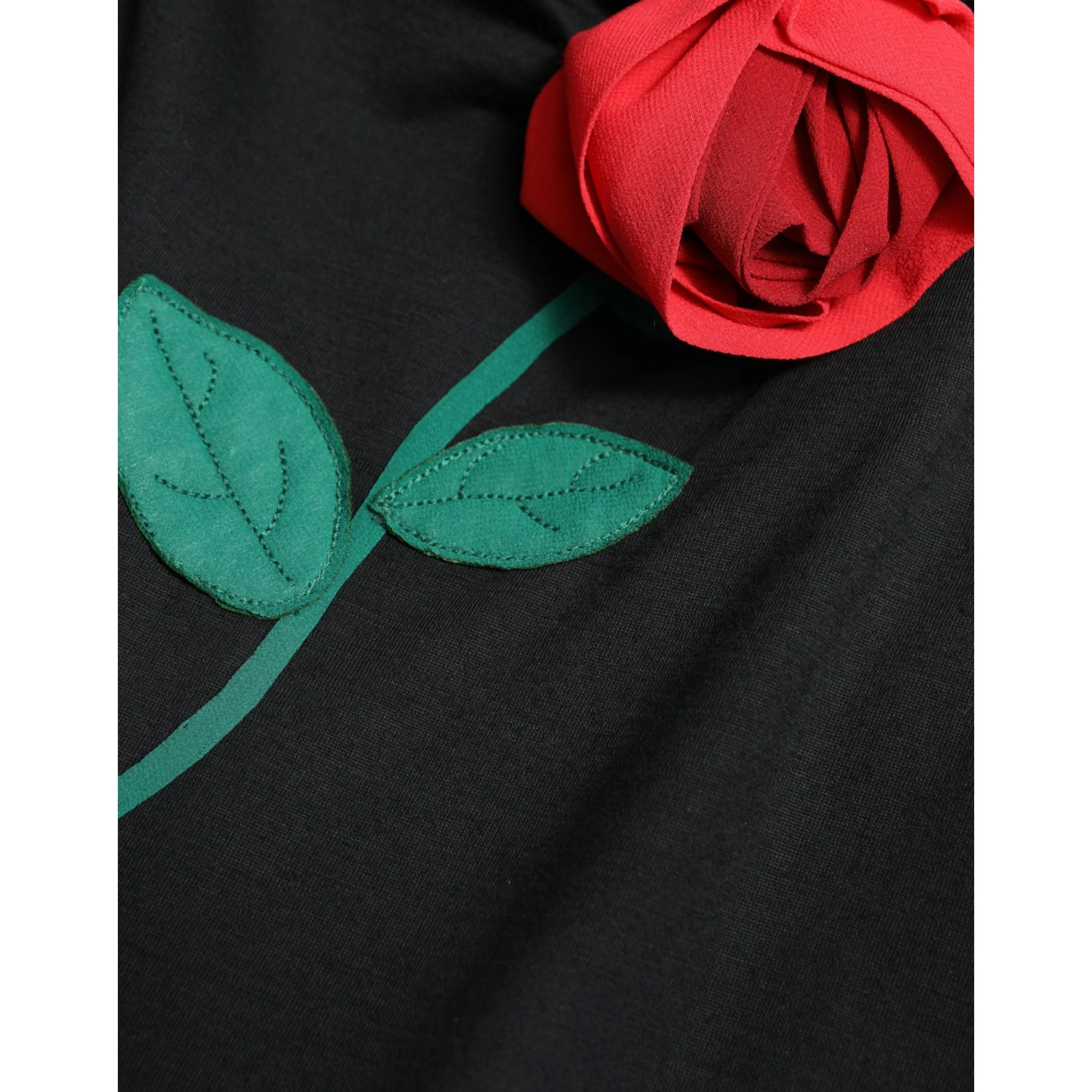 Black Wool Sleeveless Rose Applique Dress