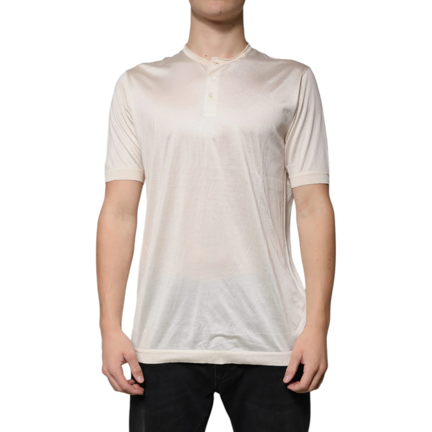 Off White Silk Henley Short Sleeves T-shirt