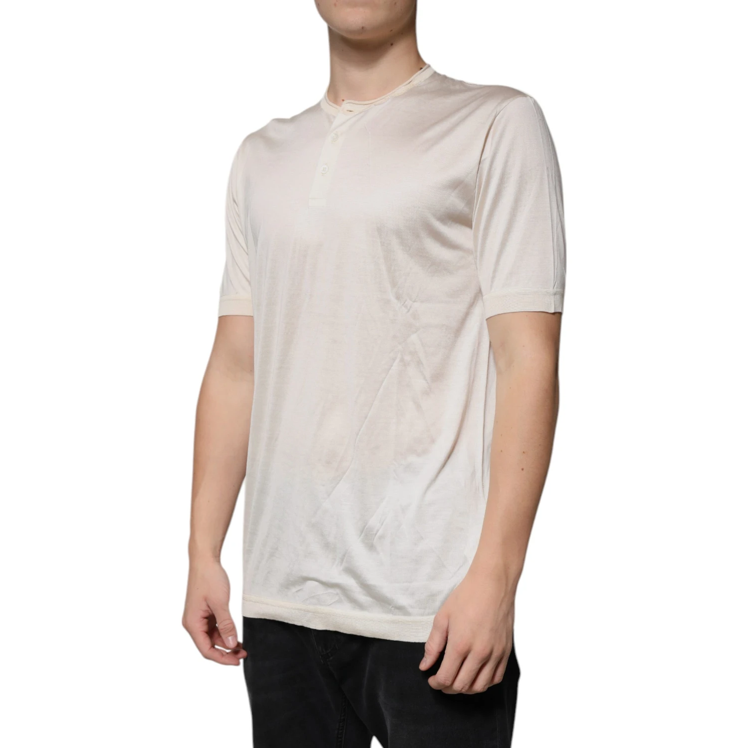 Off White Silk Henley Short Sleeves T-shirt