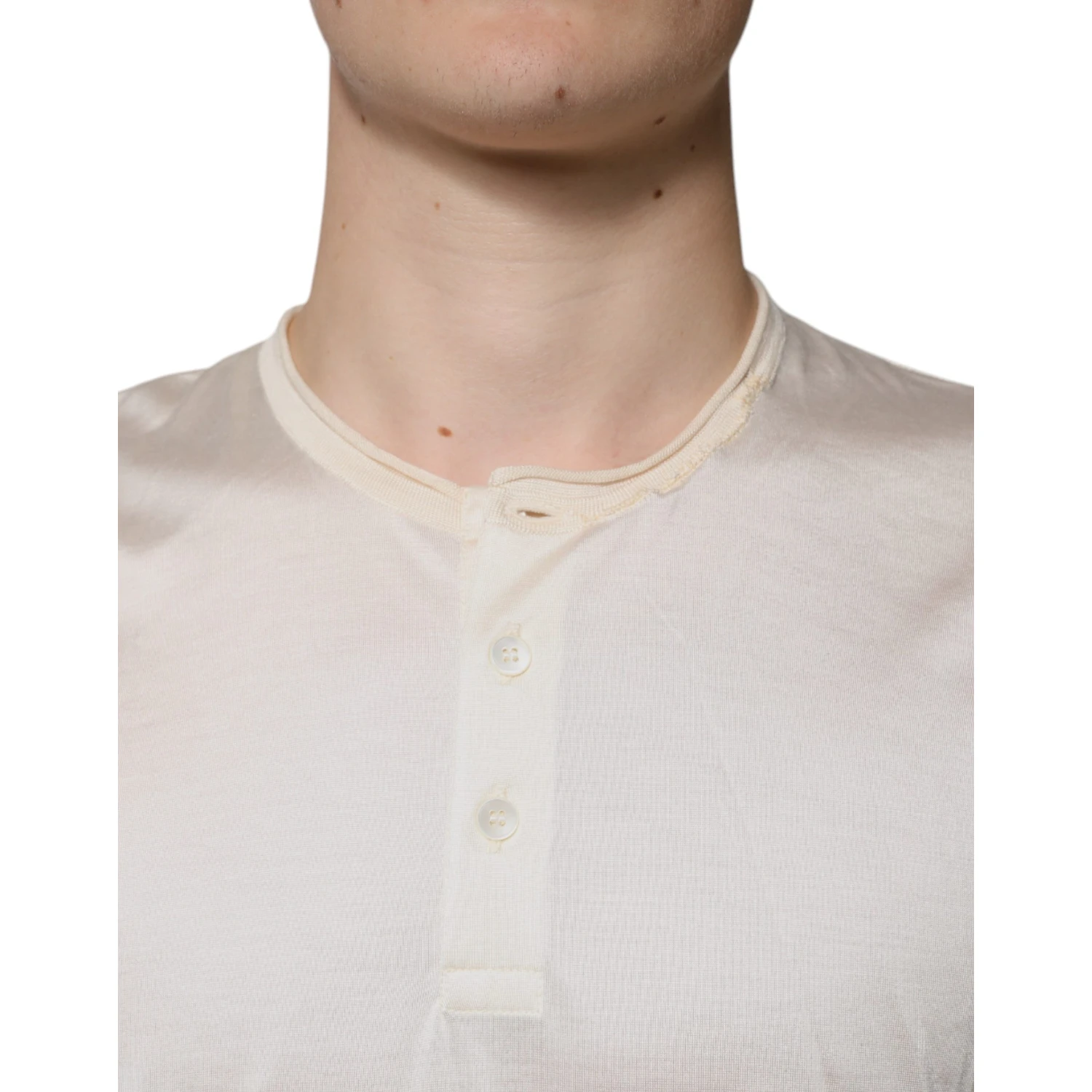 Off White Silk Henley Short Sleeves T-shirt