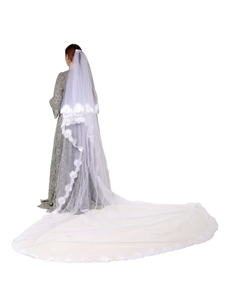 White Floral Lace Nylon Floor Length Long Wedding Veil