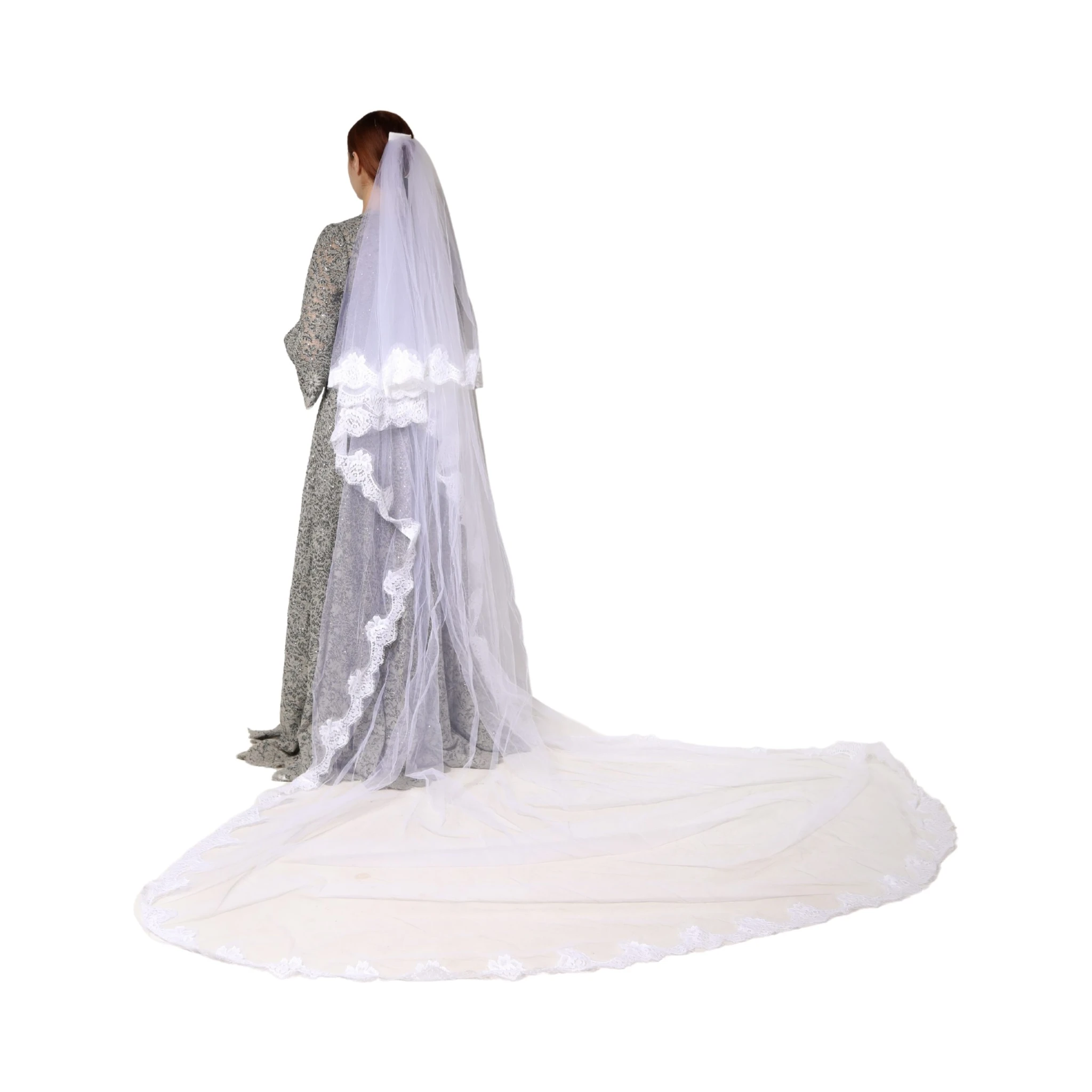 White Floral Lace Nylon Floor Length Long Wedding Veil