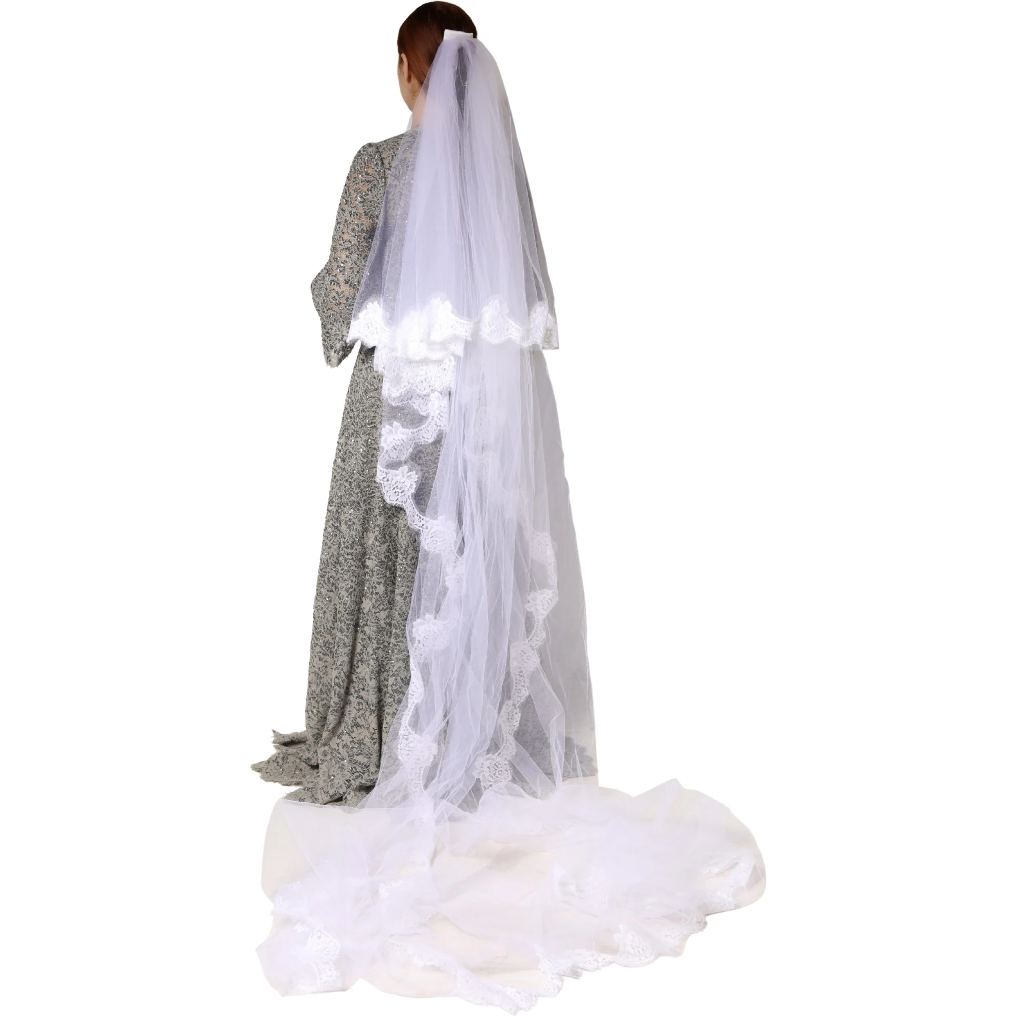 White Floral Lace Nylon Floor Length Long Wedding Veil