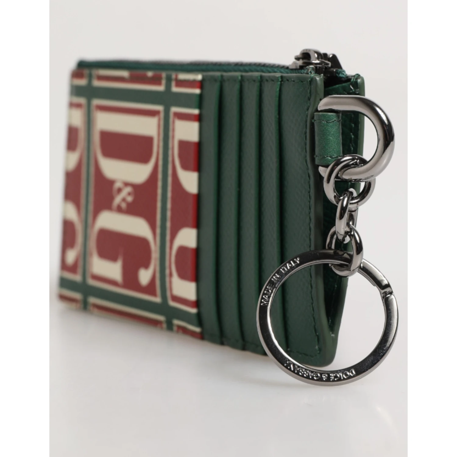 Green Calf Leather Logo Print Monogram Card Holder Wallet