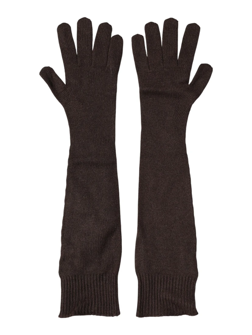 Brown Cashmere Knitted Elbow Length Mitten Gloves