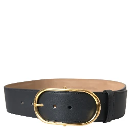 Black Leather Classic Metal Oval Buckle Belt