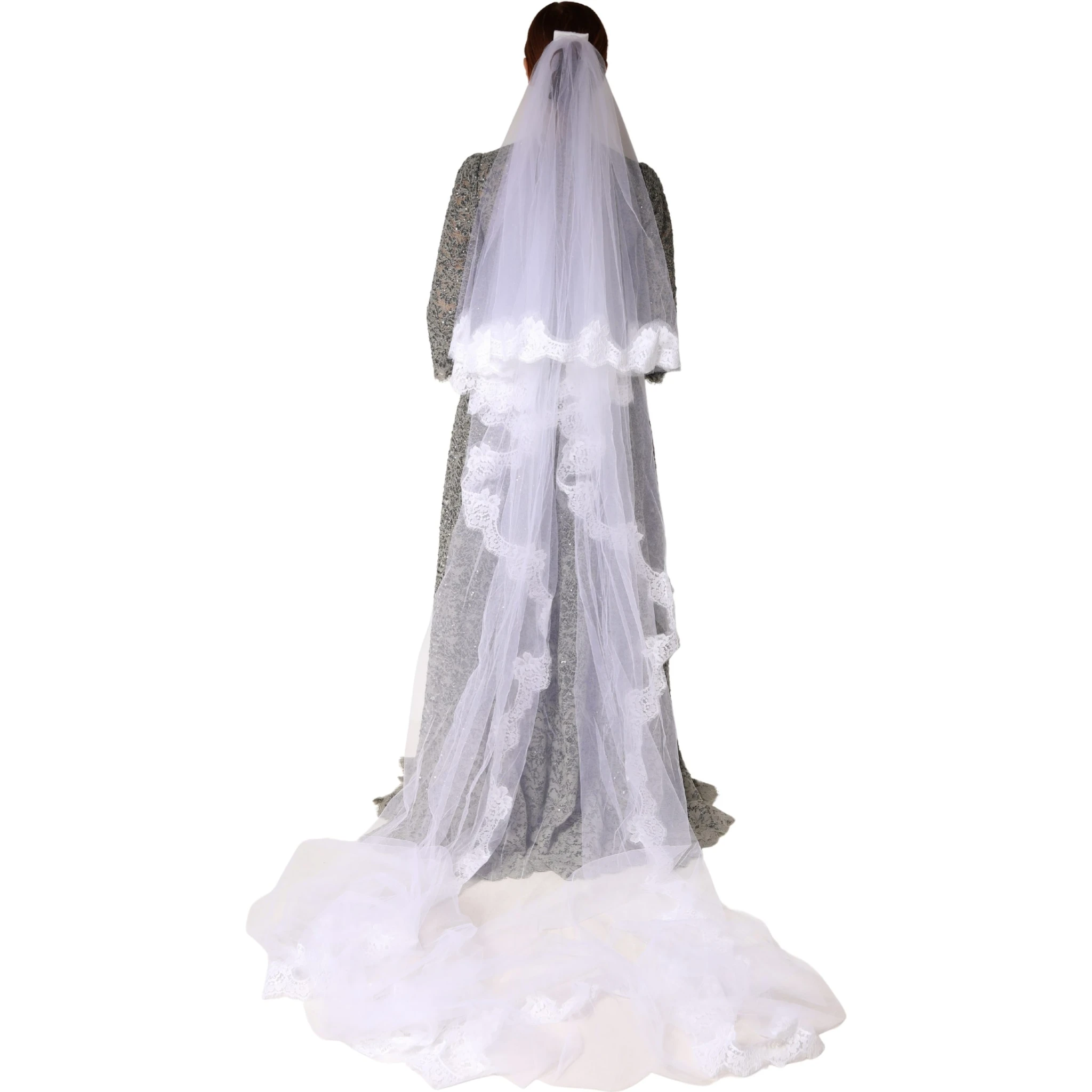 White Floral Lace Nylon Floor Length Long Wedding Veil