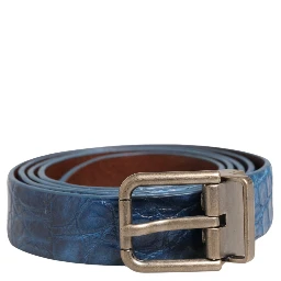 Navy Blue Leather Gold Tone Metal Buckle Belt