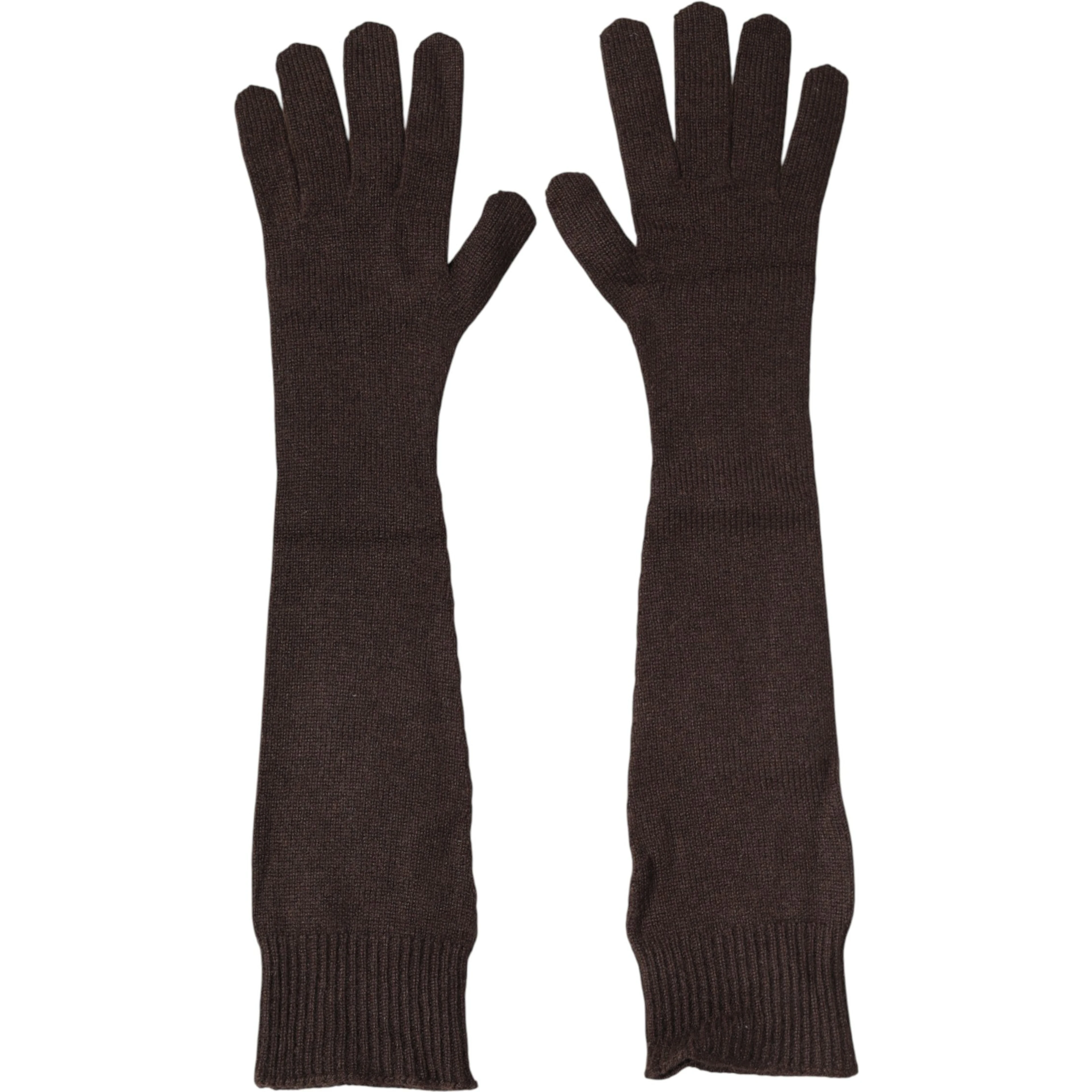 Brown Cashmere Knitted Elbow Length Mitten Gloves