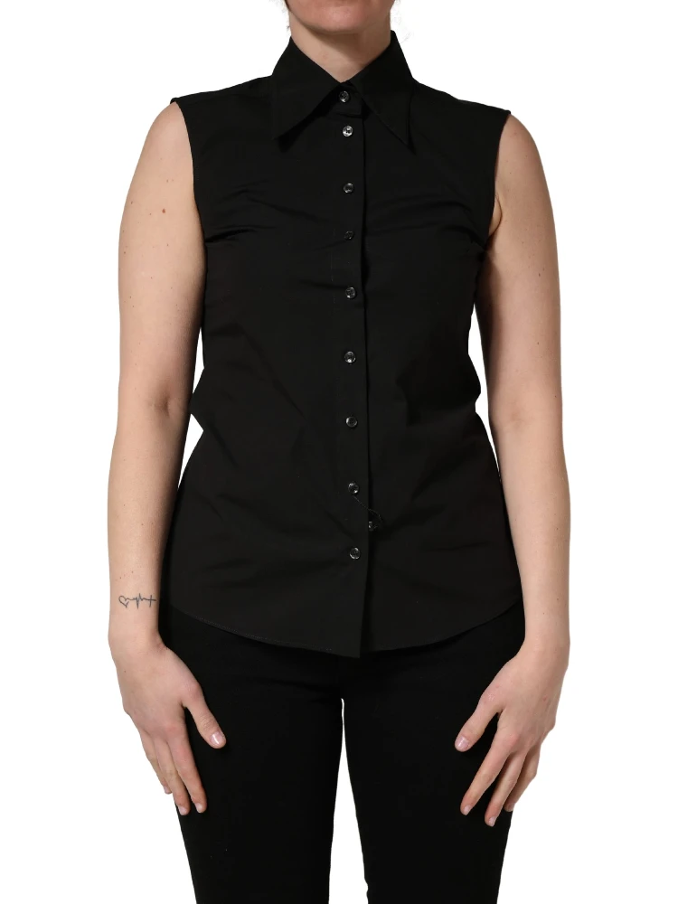 Black Cotton Sleeveless Collared Blouse Top