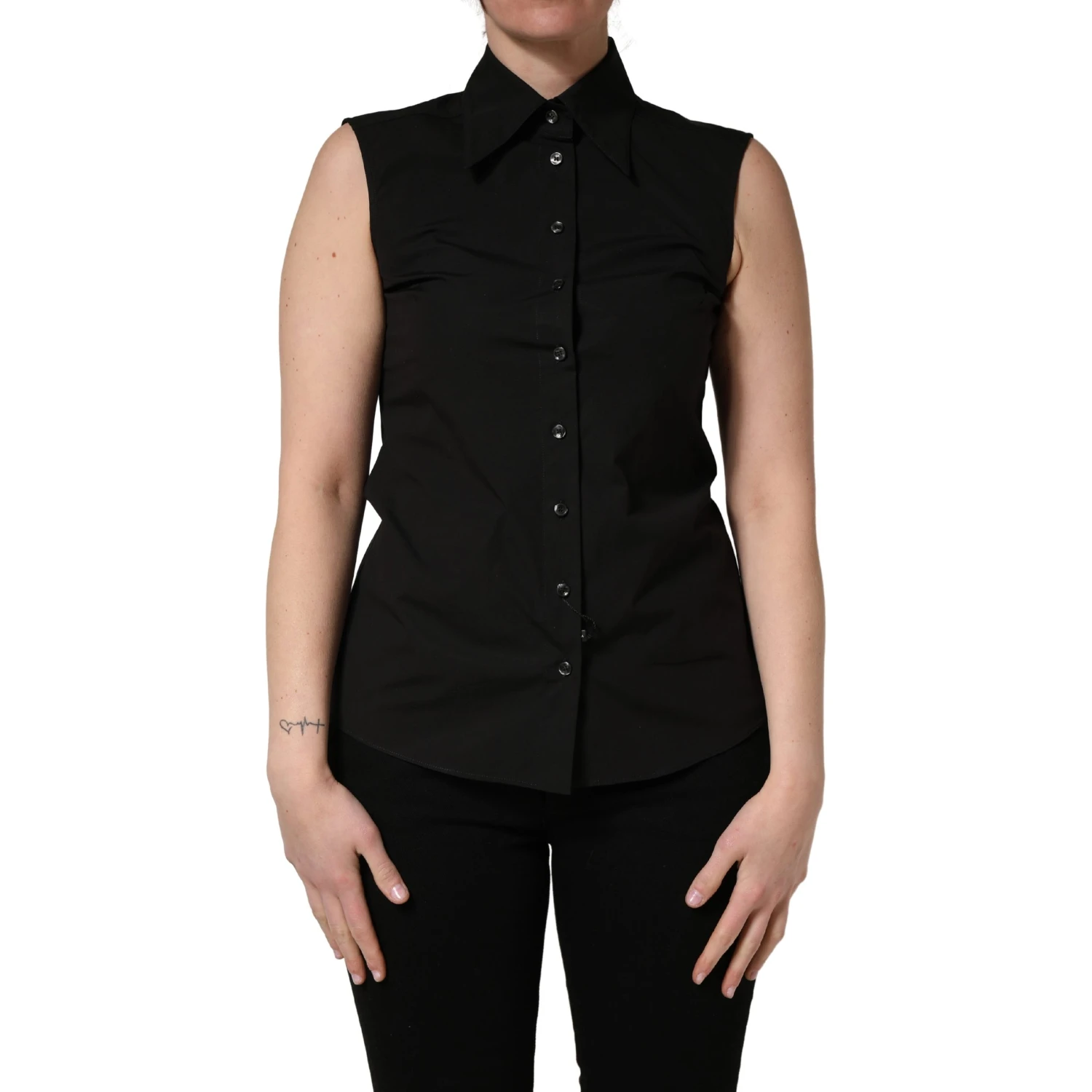 Black Cotton Sleeveless Collared Blouse Top