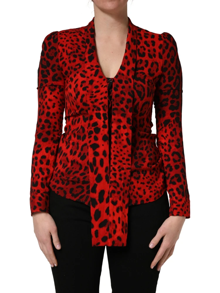 Red Leopard Print Long Sleeves Blouse Top