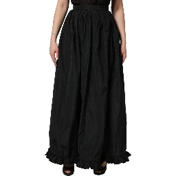 Black High Waist Pleated A-line Long Maxi Women Skirt