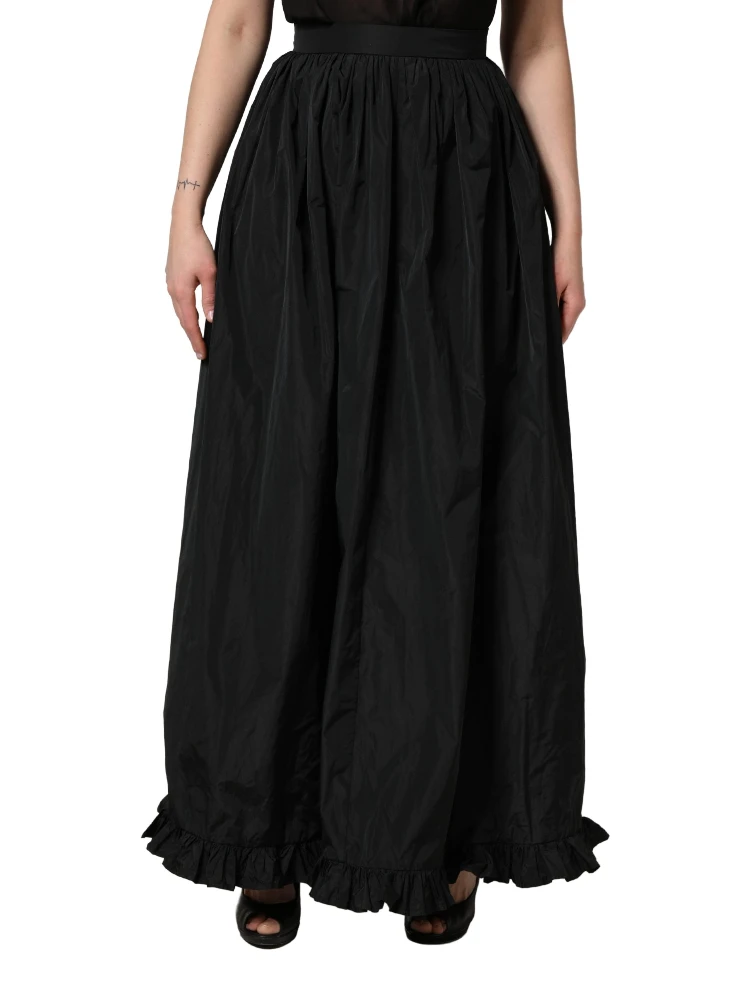 Black High Waist Pleated A-line Long Maxi Women Skirt