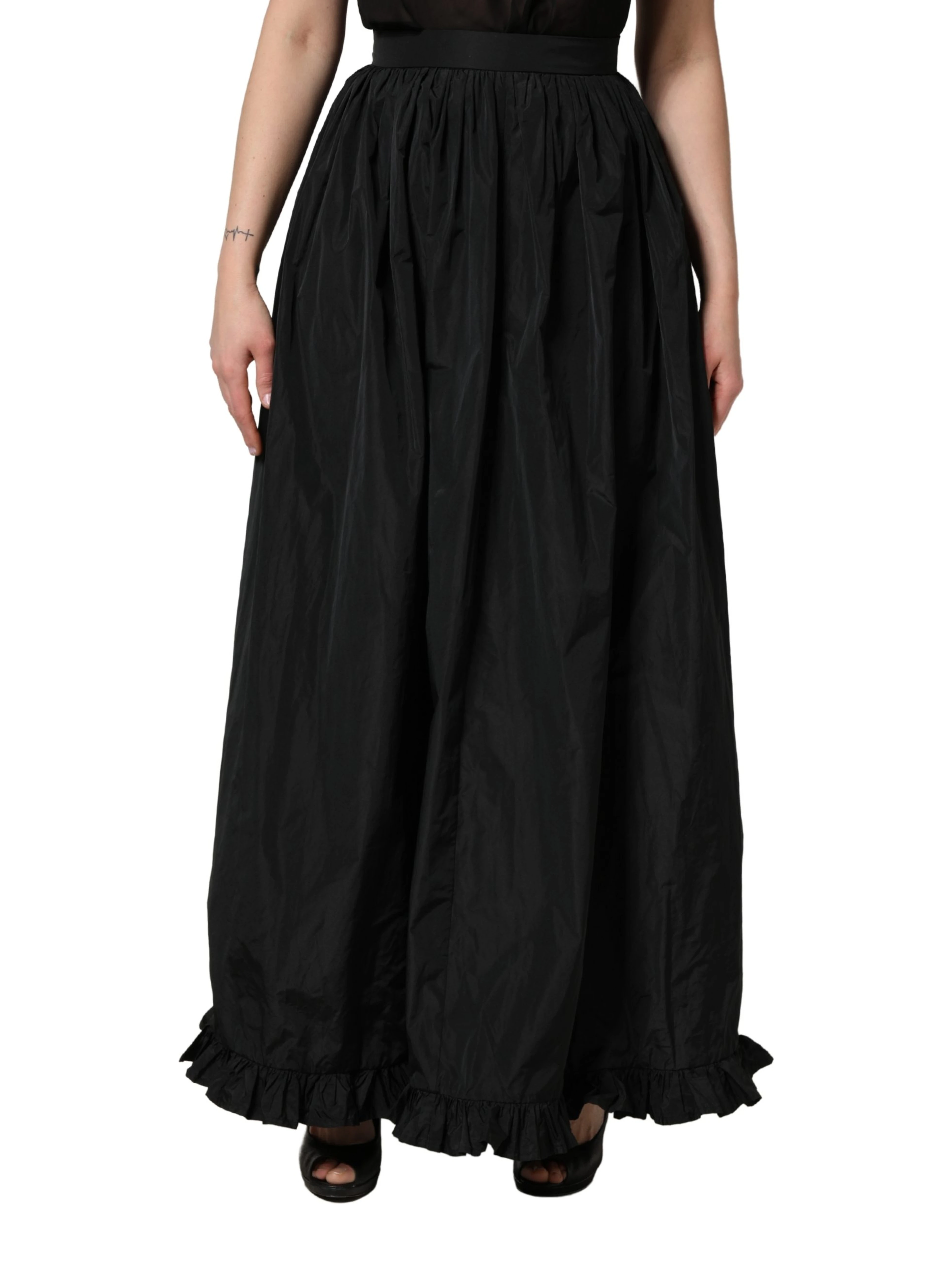 Black High Waist Pleated A-line Long Maxi Women Skirt