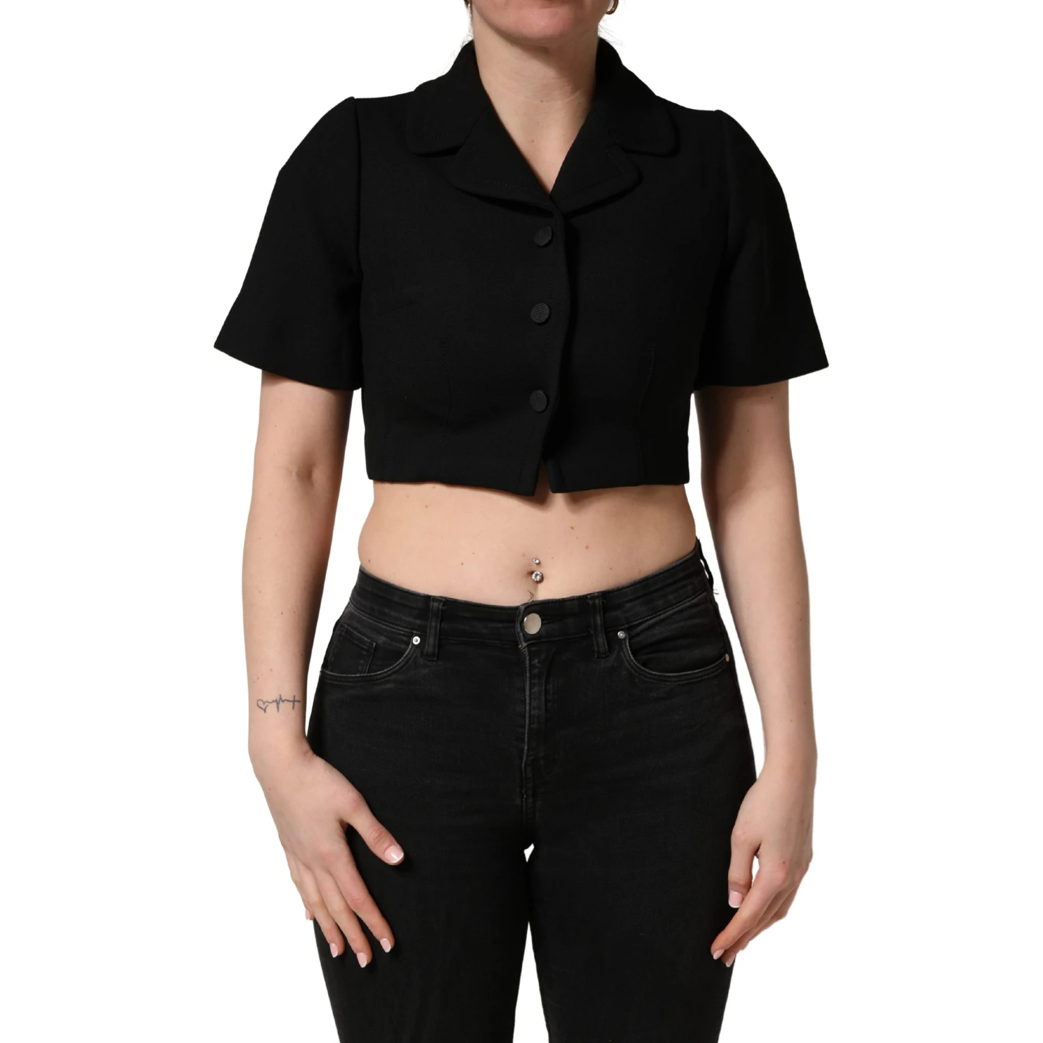 Black Collared Short Sleeves Cropped Blouse Top