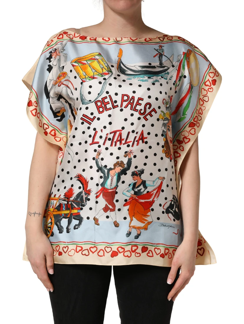 Multicolor Italy Scenes Graphic Silk Top