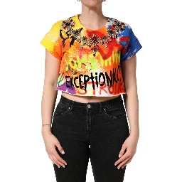 Multicolor Graffiti Crystals Crop Jersey Top