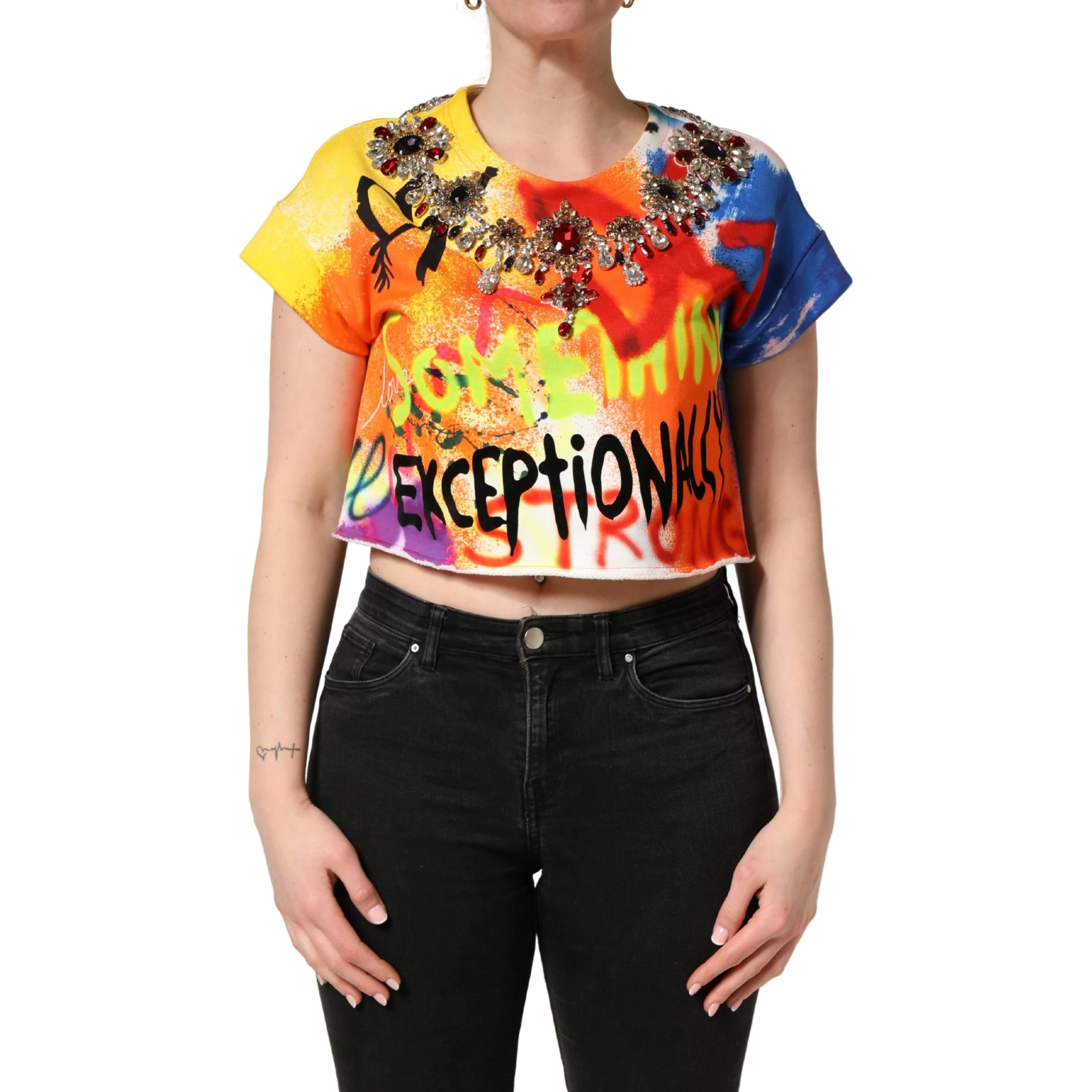 Multicolor Graffiti Crystals Crop Jersey Top