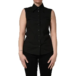 Black Cotton Sleeveless Collared Blouse Top