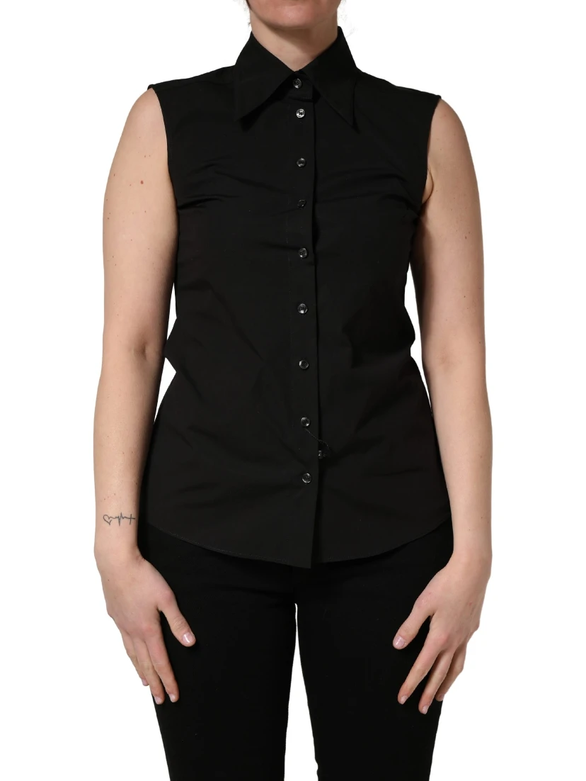 Black Cotton Sleeveless Collared Blouse Top