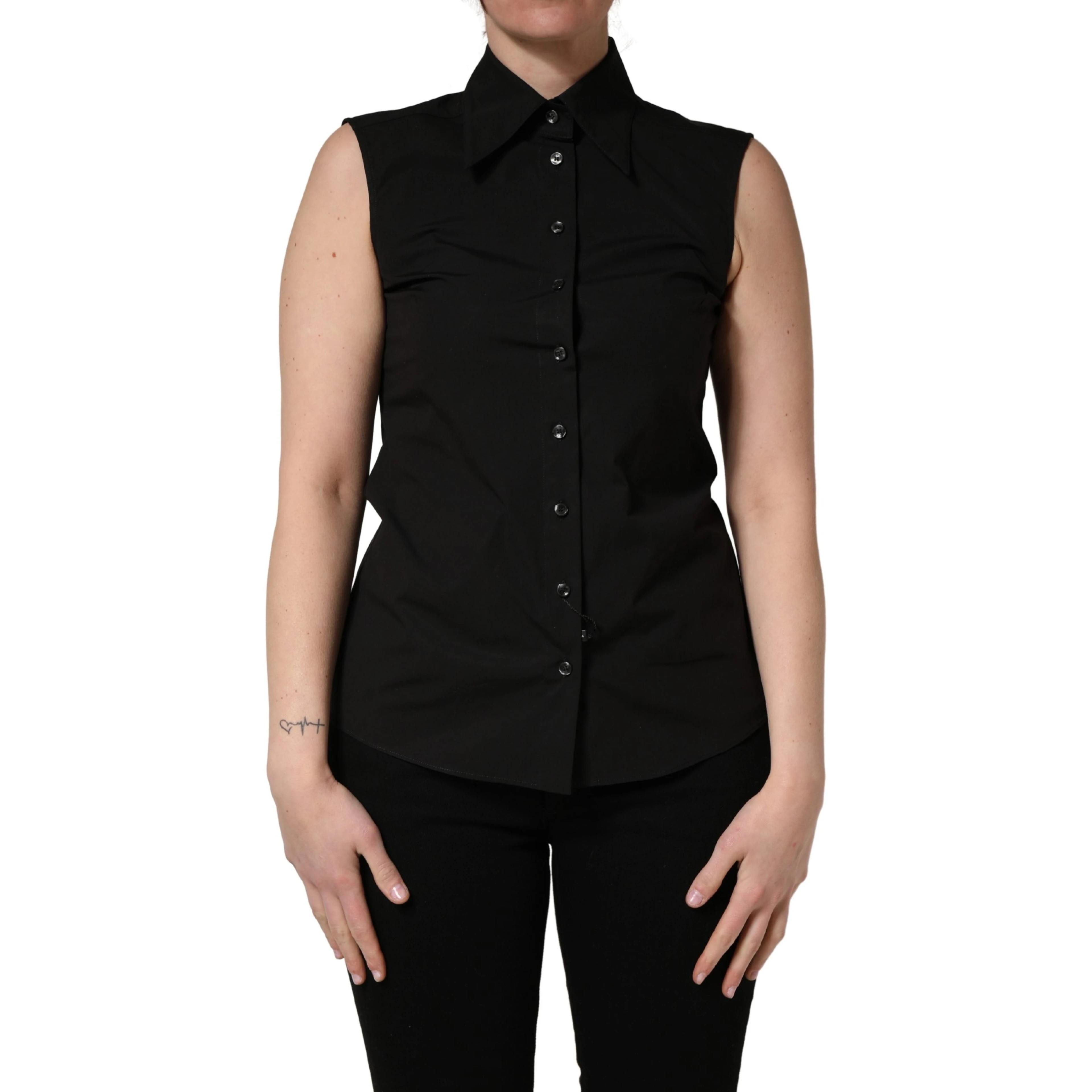 Black Cotton Sleeveless Collared Blouse Top