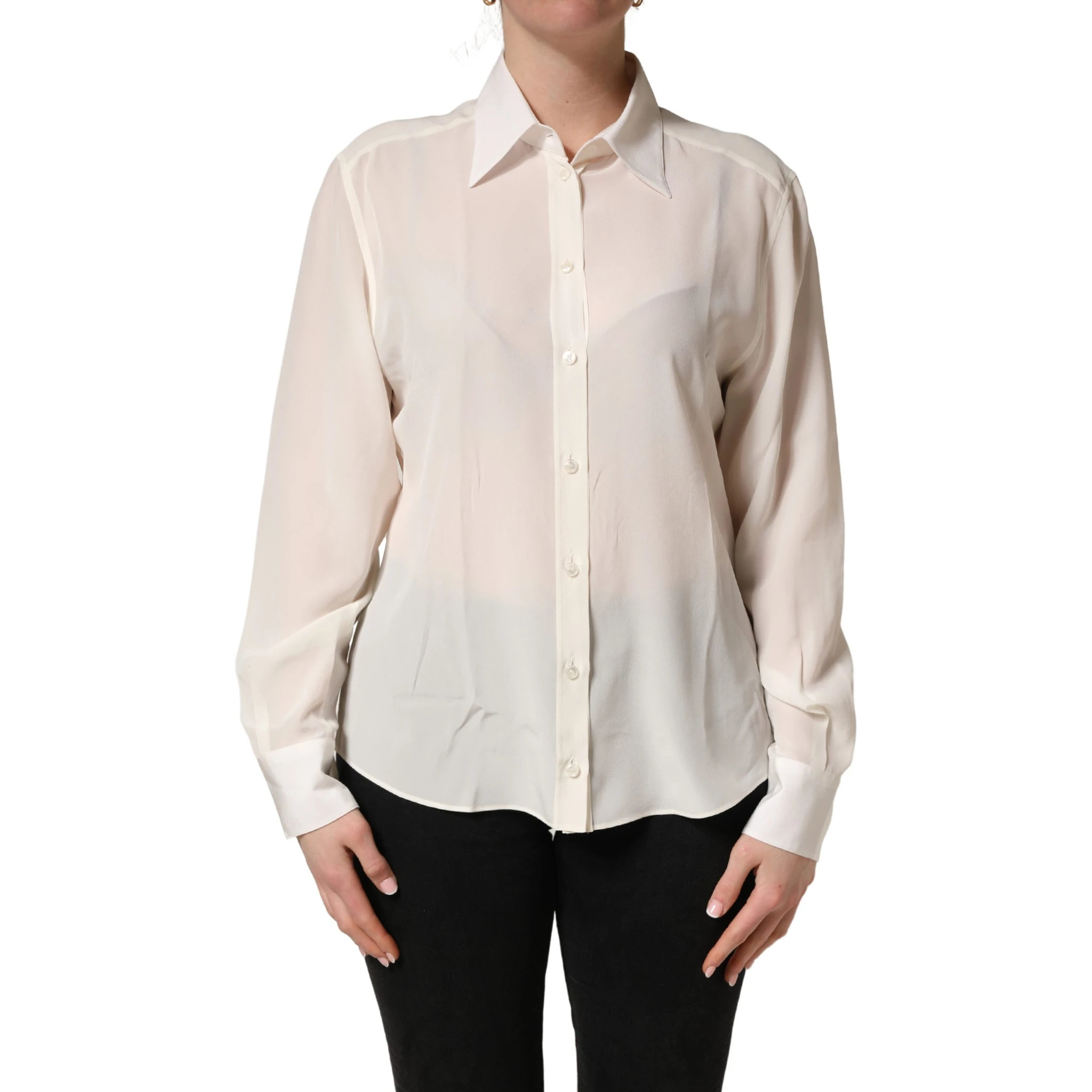 Off White Collared Long Sleeves Blouse Top