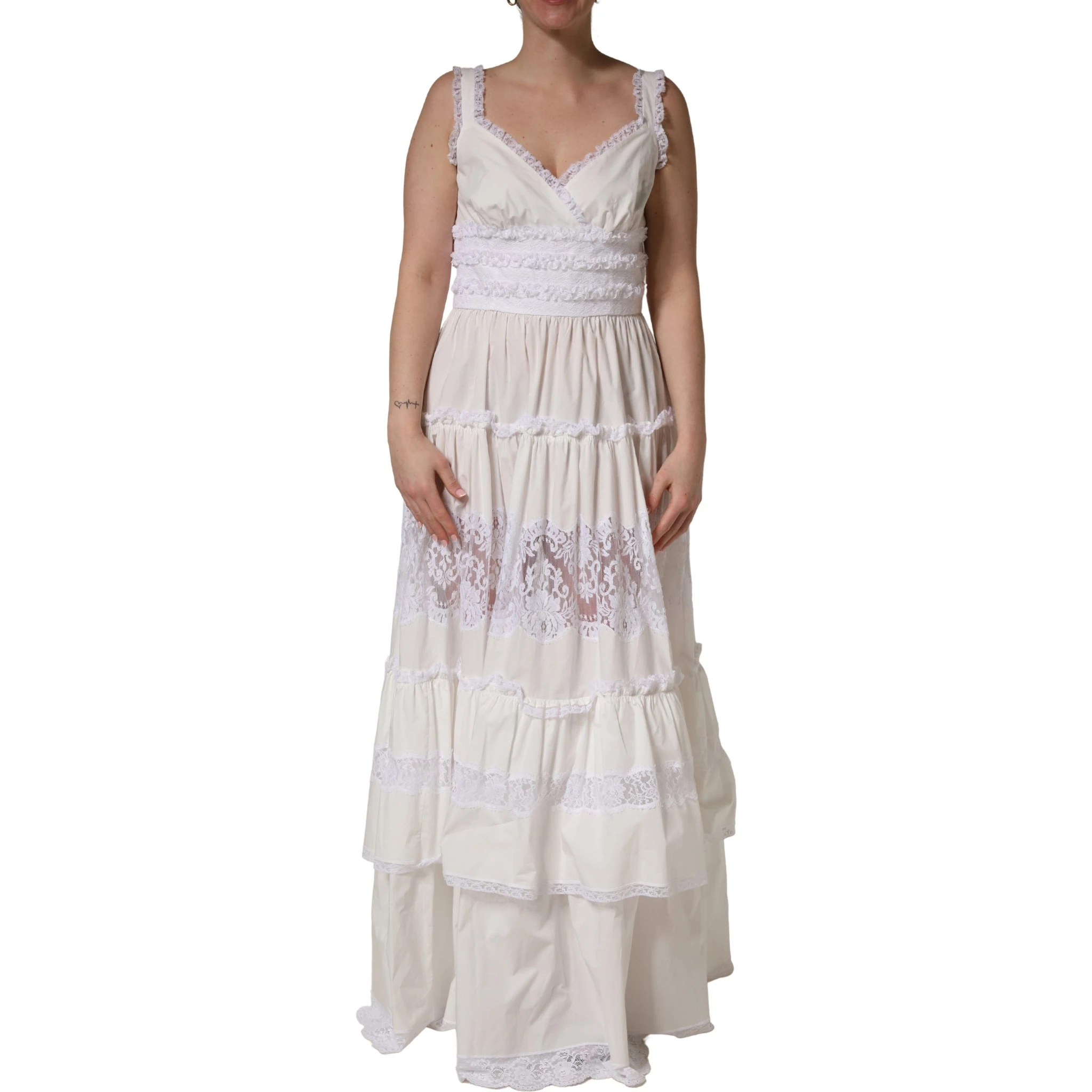 White Cotton Sleeveless Lace Maxi Dress