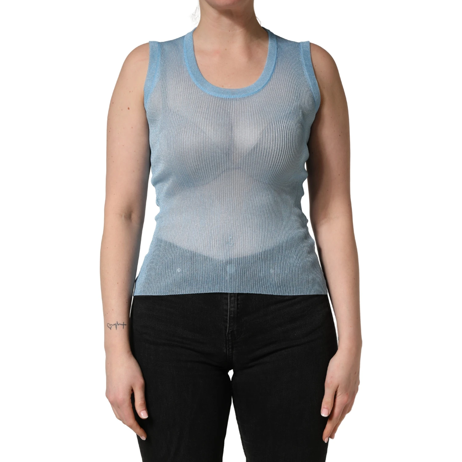 Blue Semi Sheer Ribbed Sleeveless Tank Top