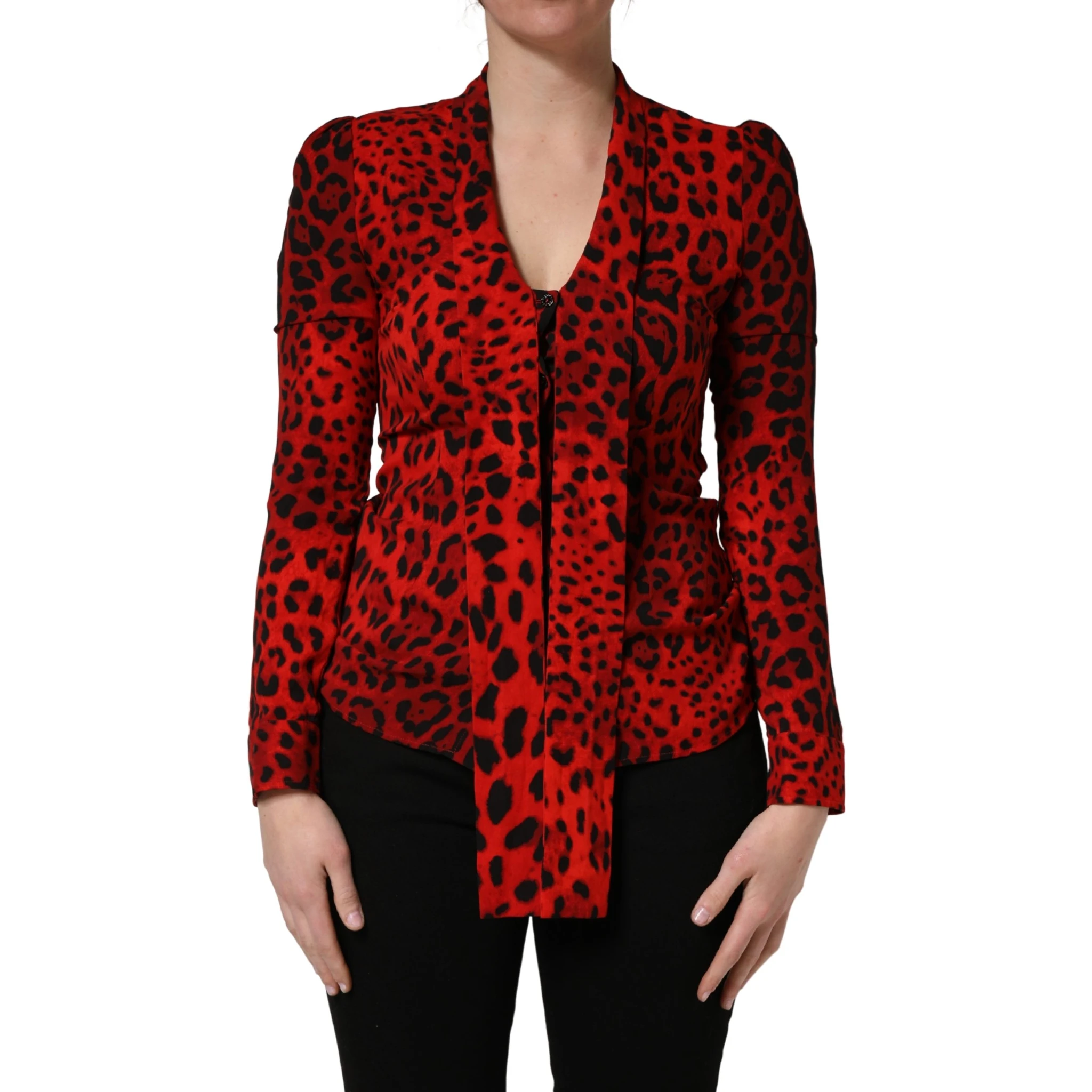 Red Leopard Print Long Sleeves Blouse Top
