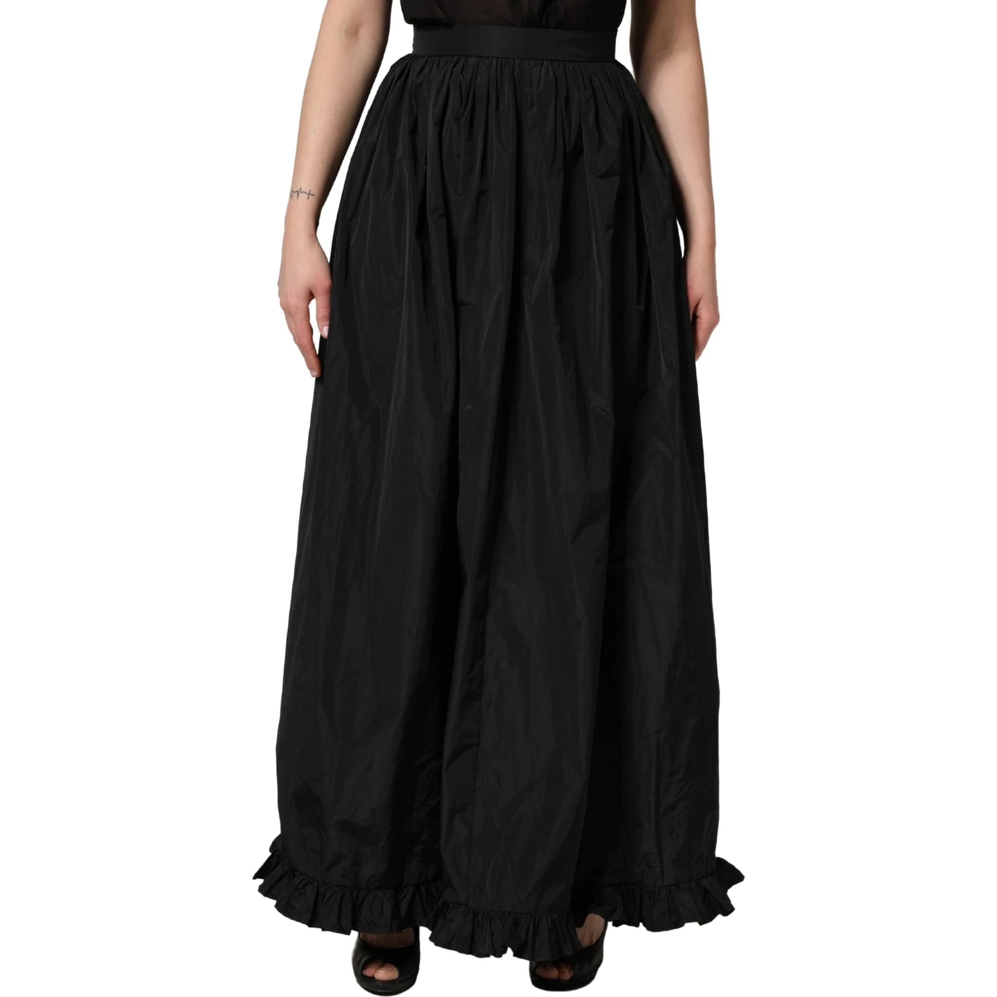 Black High Waist Pleated A-line Long Maxi Women Skirt