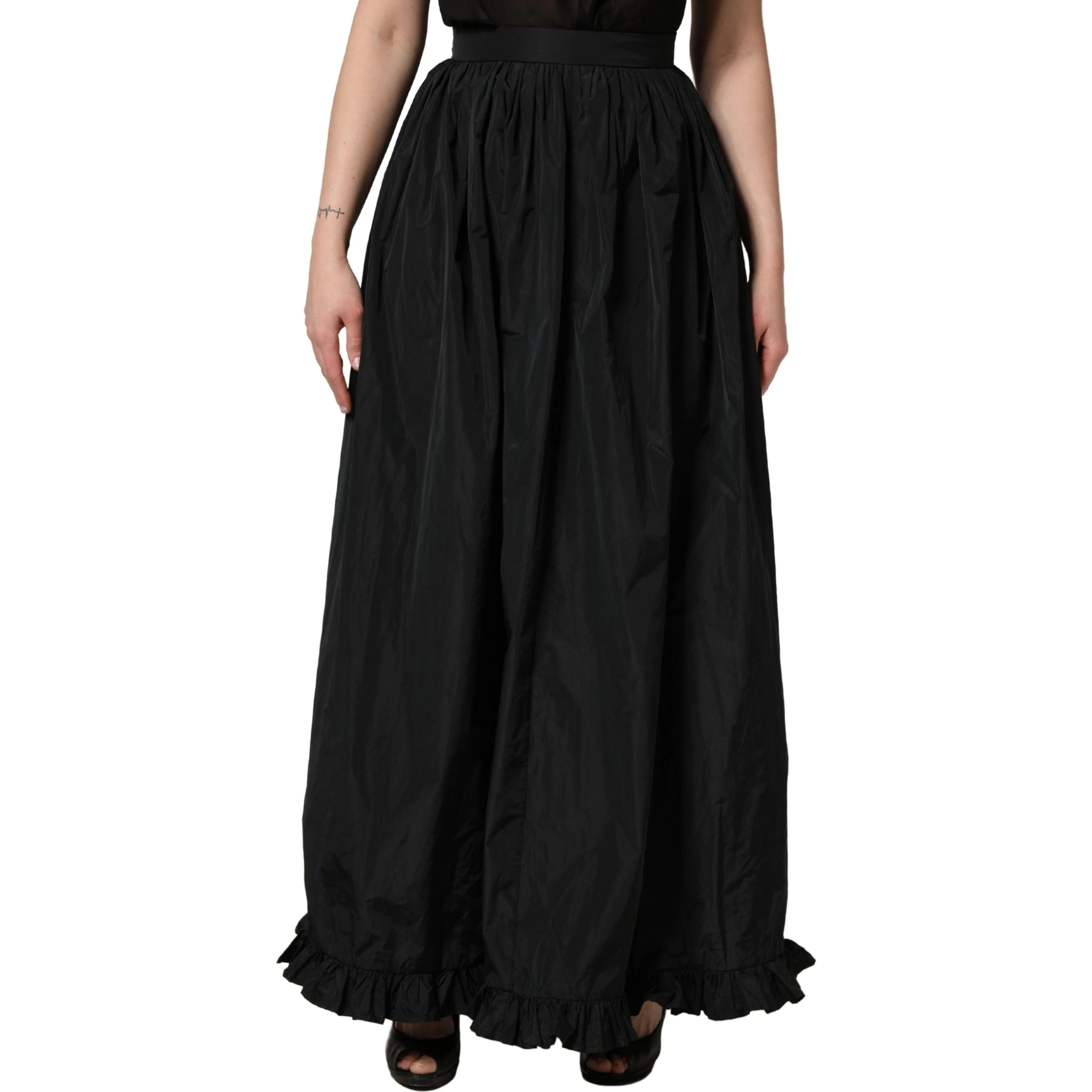 Black High Waist Pleated A-line Long Maxi Women Skirt