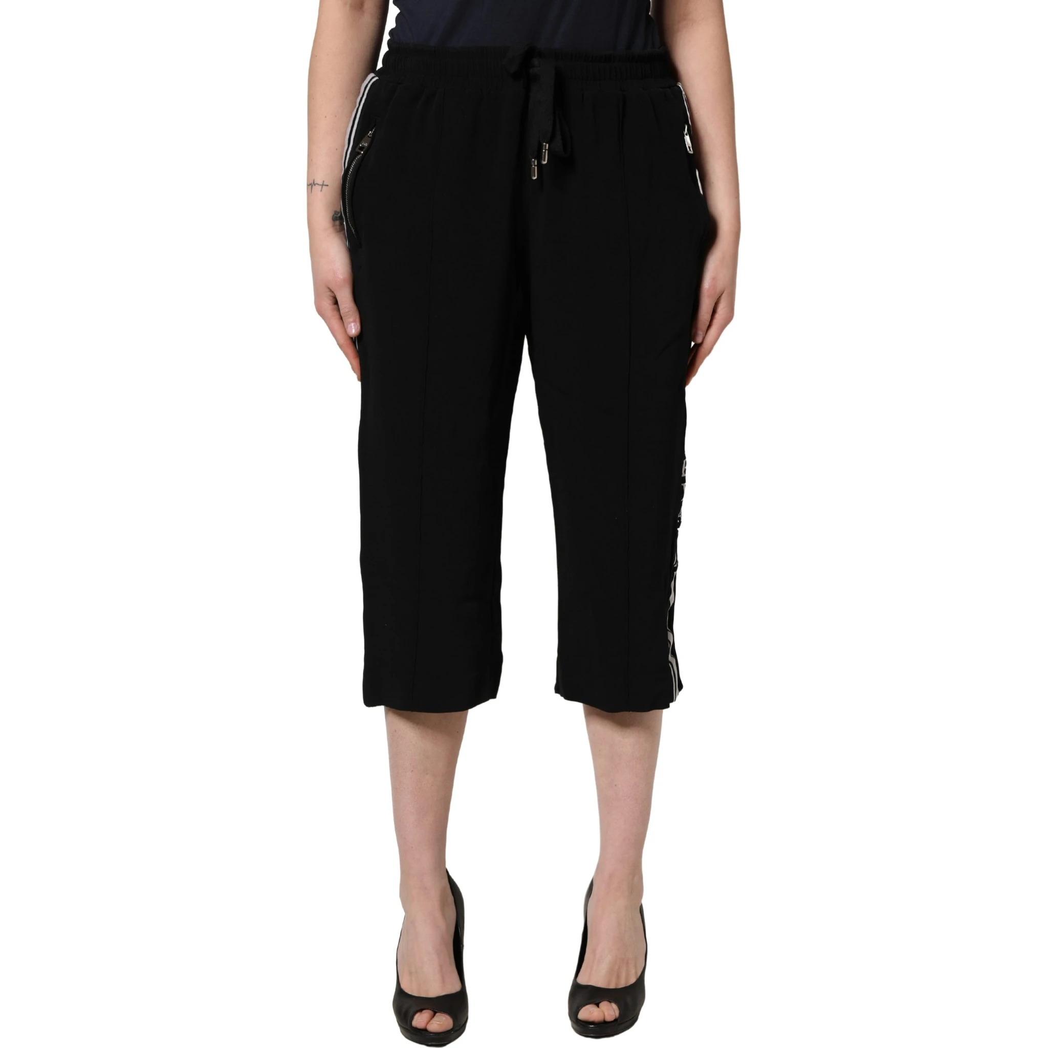 Black Viscose Mid Waist Cropped Women Pants