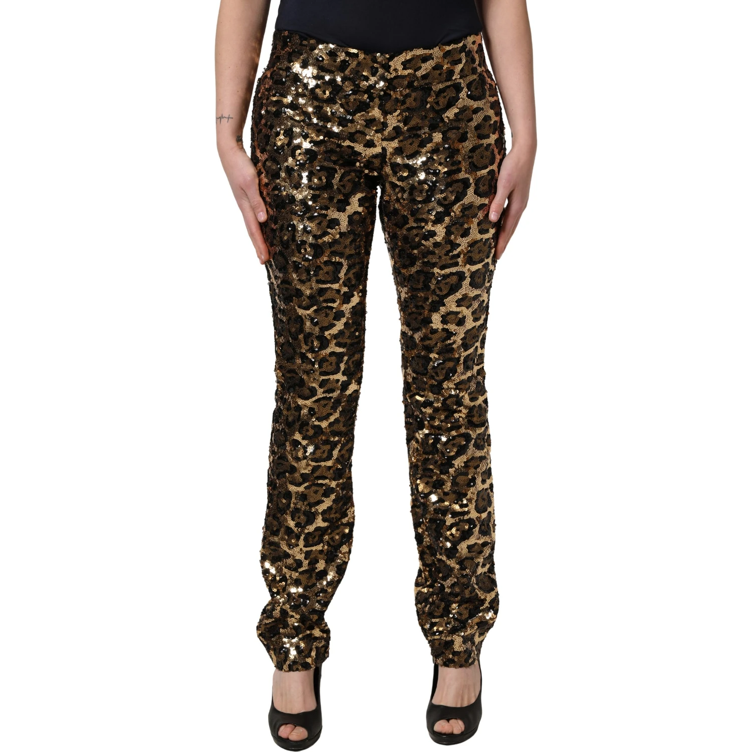 Gold Leopard Sequined Straight Trouser Pants