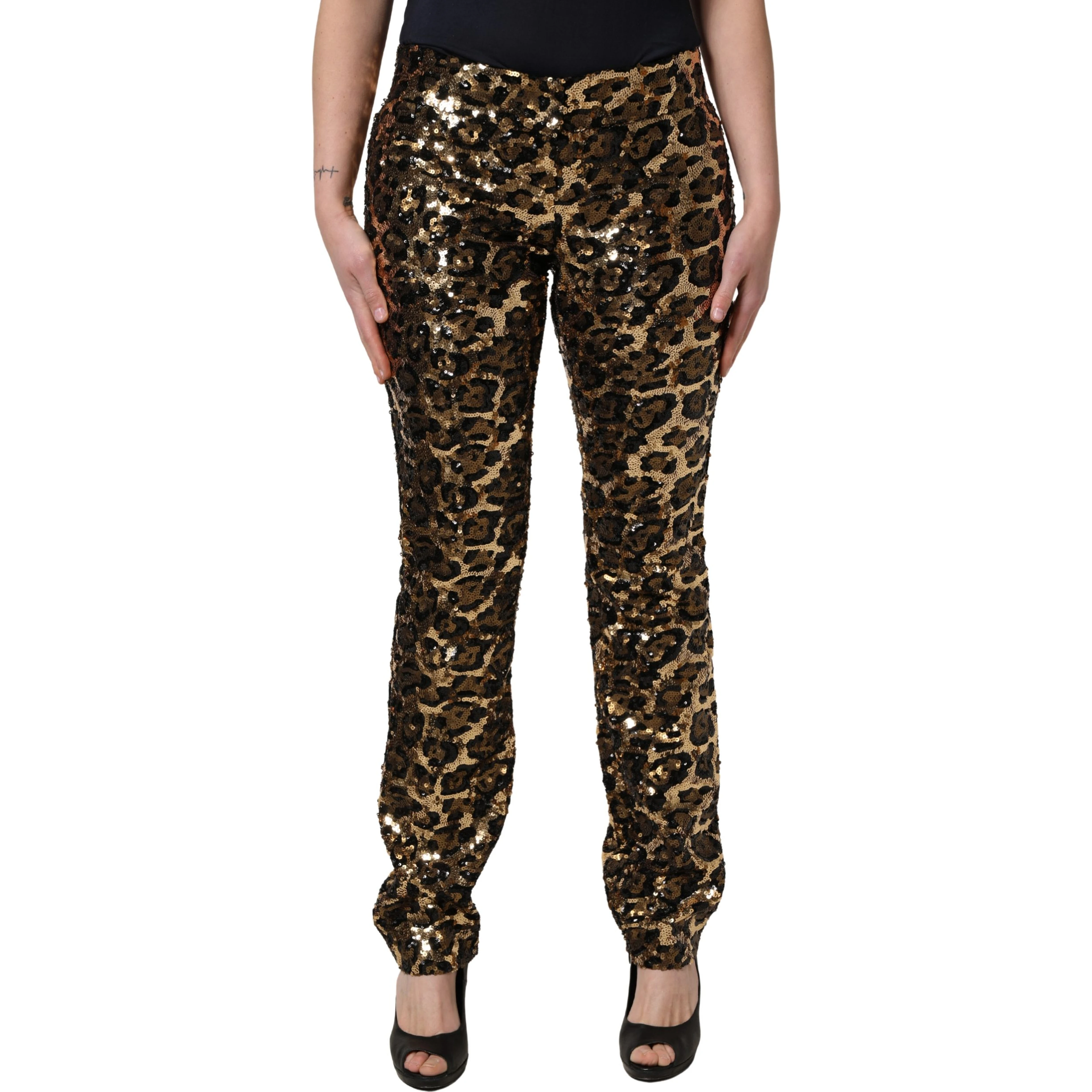 Gold Leopard Sequined Straight Trouser Pants