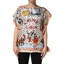 Multicolor Italy Scenes Graphic Silk Top