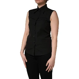 Black Cotton Sleeveless Collared Blouse Top
