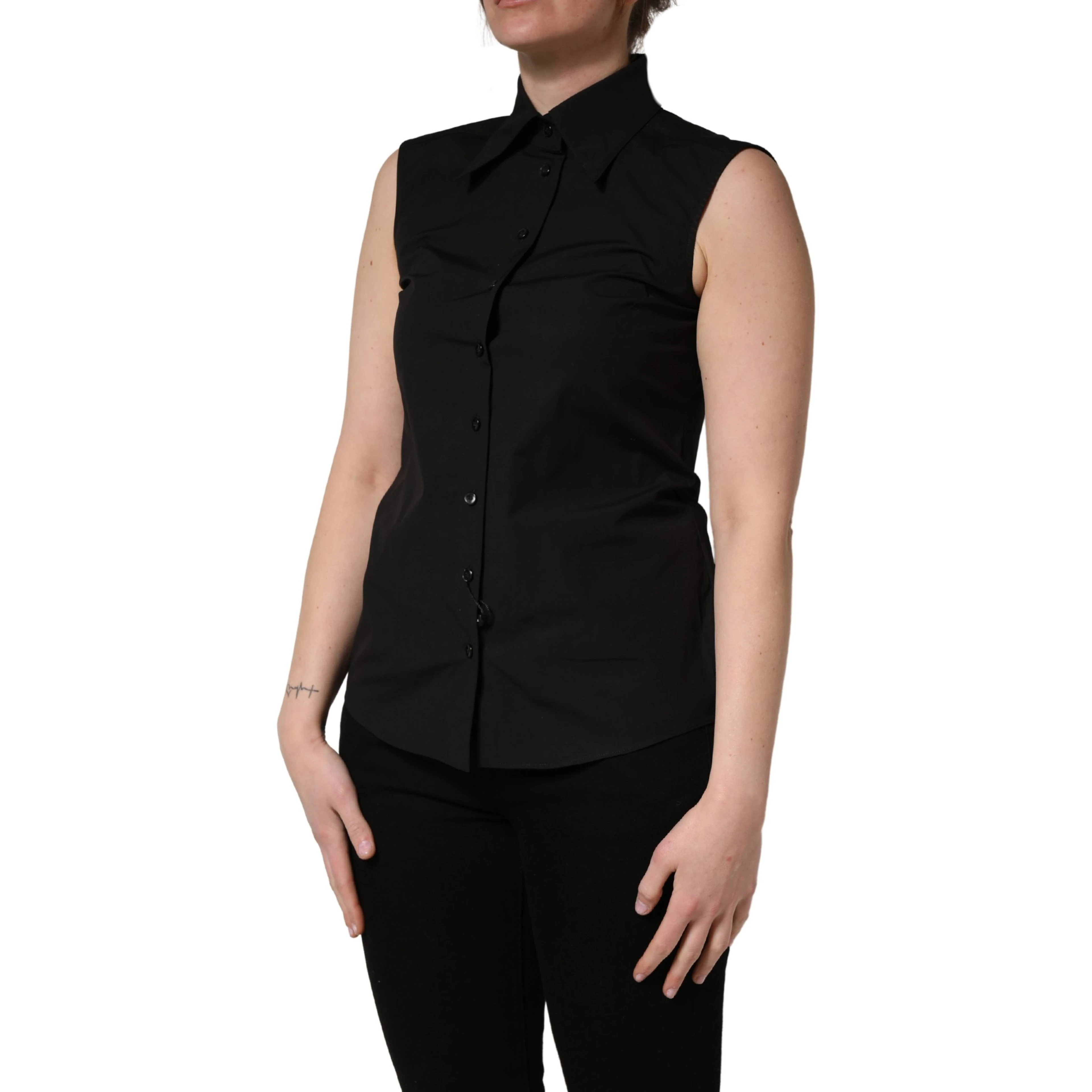Black Cotton Sleeveless Collared Blouse Top