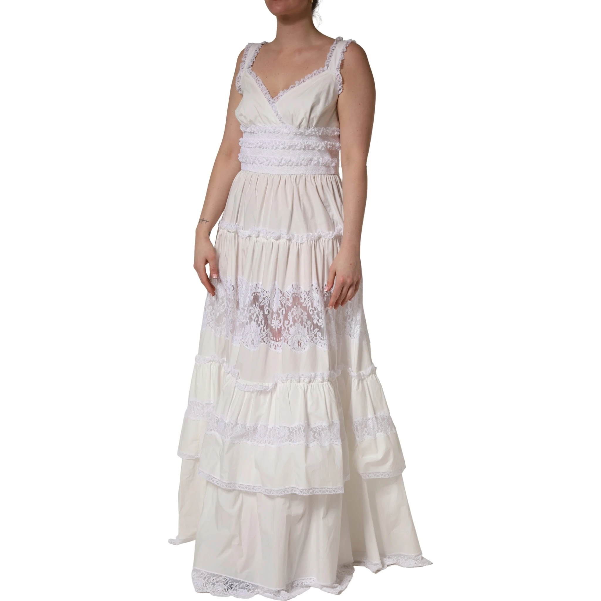 White Cotton Sleeveless Lace Maxi Dress