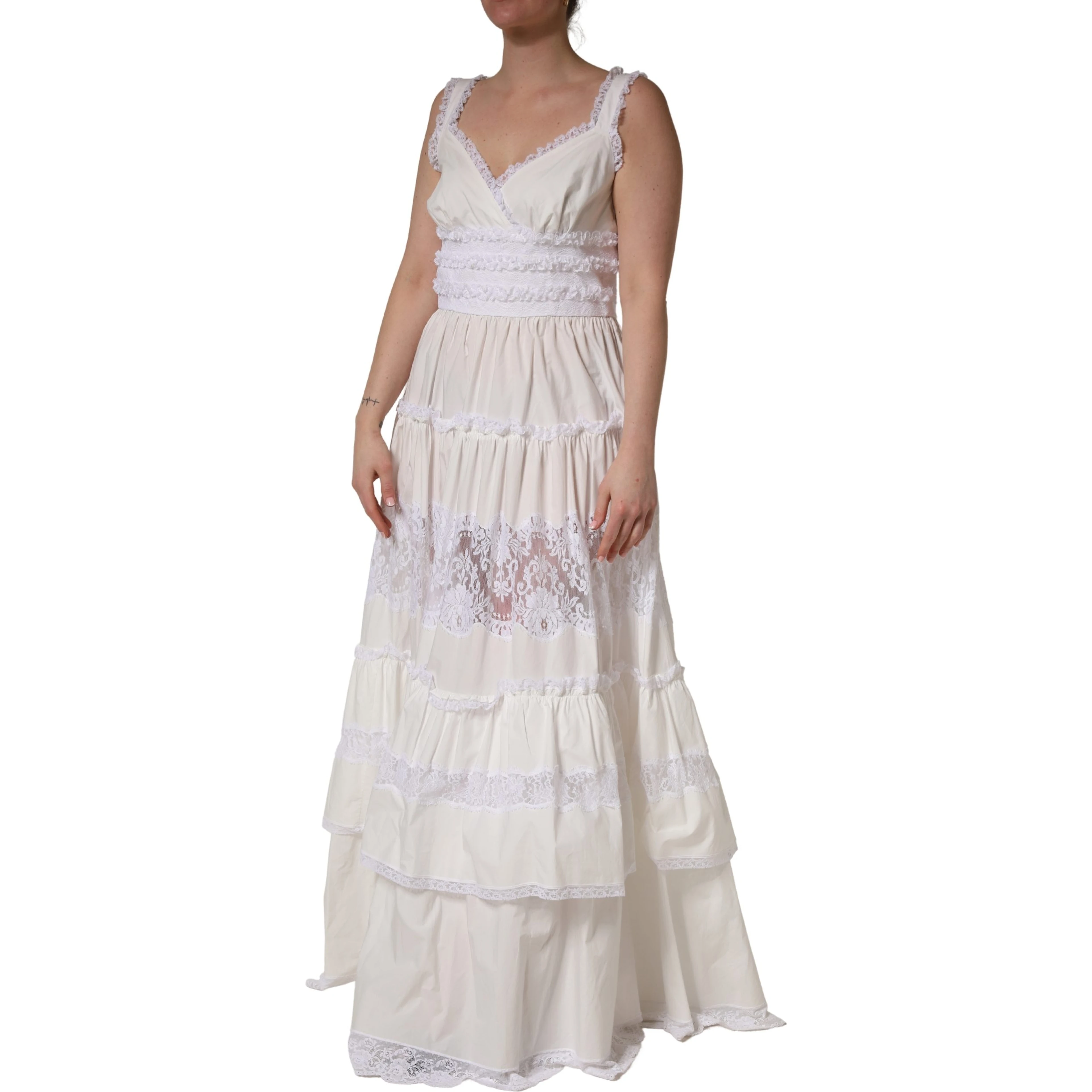 White Cotton Sleeveless Lace Maxi Dress