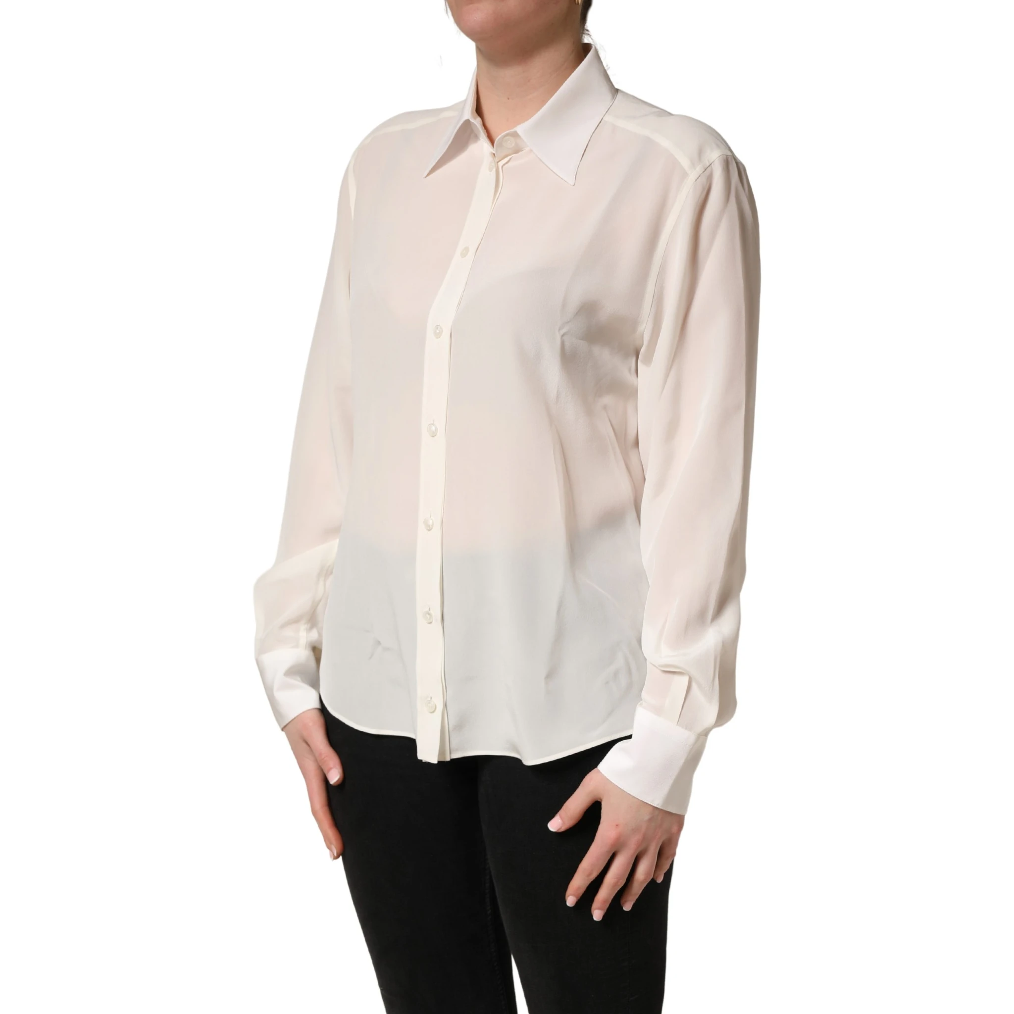 Off White Collared Long Sleeves Blouse Top