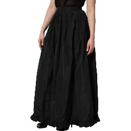 Black High Waist Pleated A-line Long Maxi Women Skirt