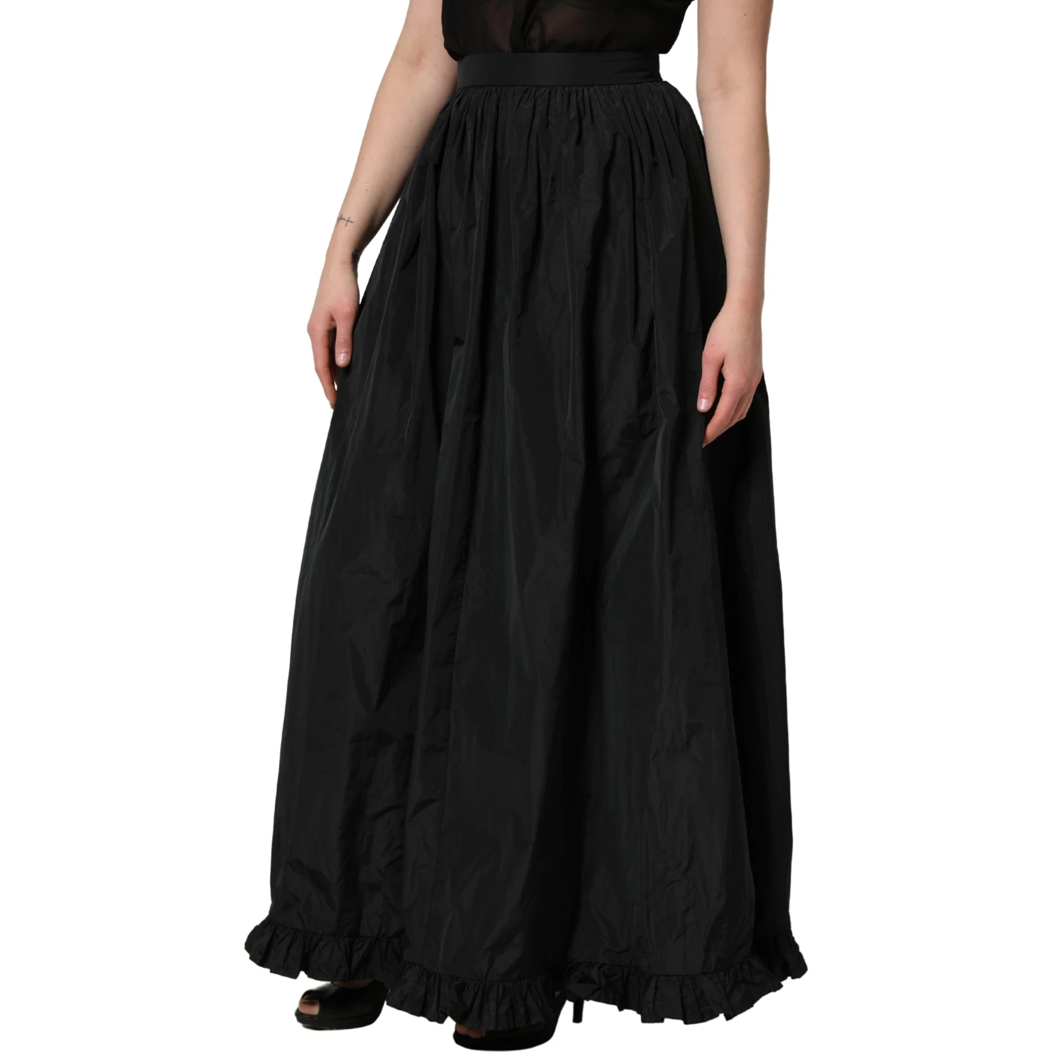 Black High Waist Pleated A-line Long Maxi Women Skirt