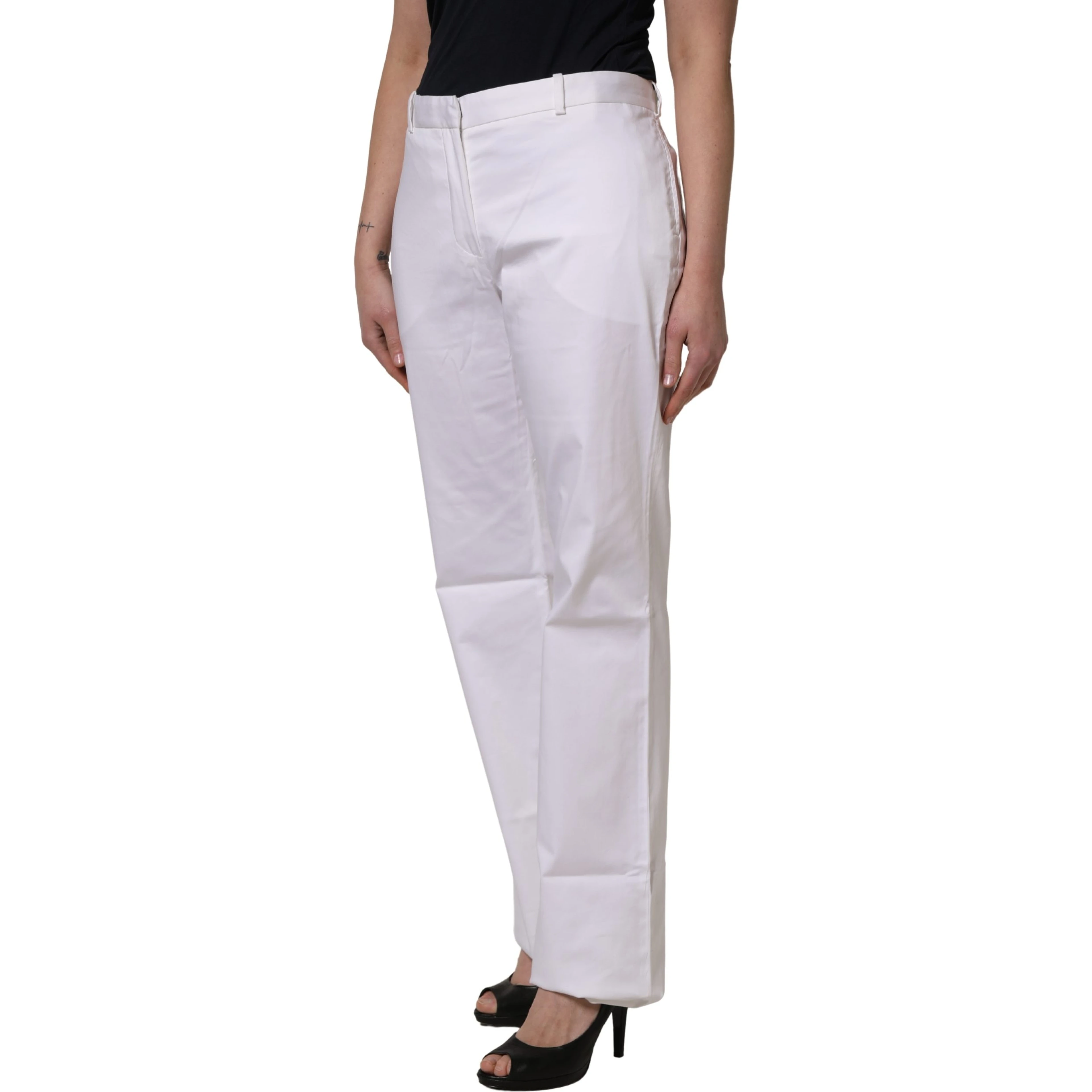 White Mid Waist Straight Chino Women Trouser Pants