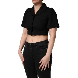 Black Collared Short Sleeves Cropped Blouse Top