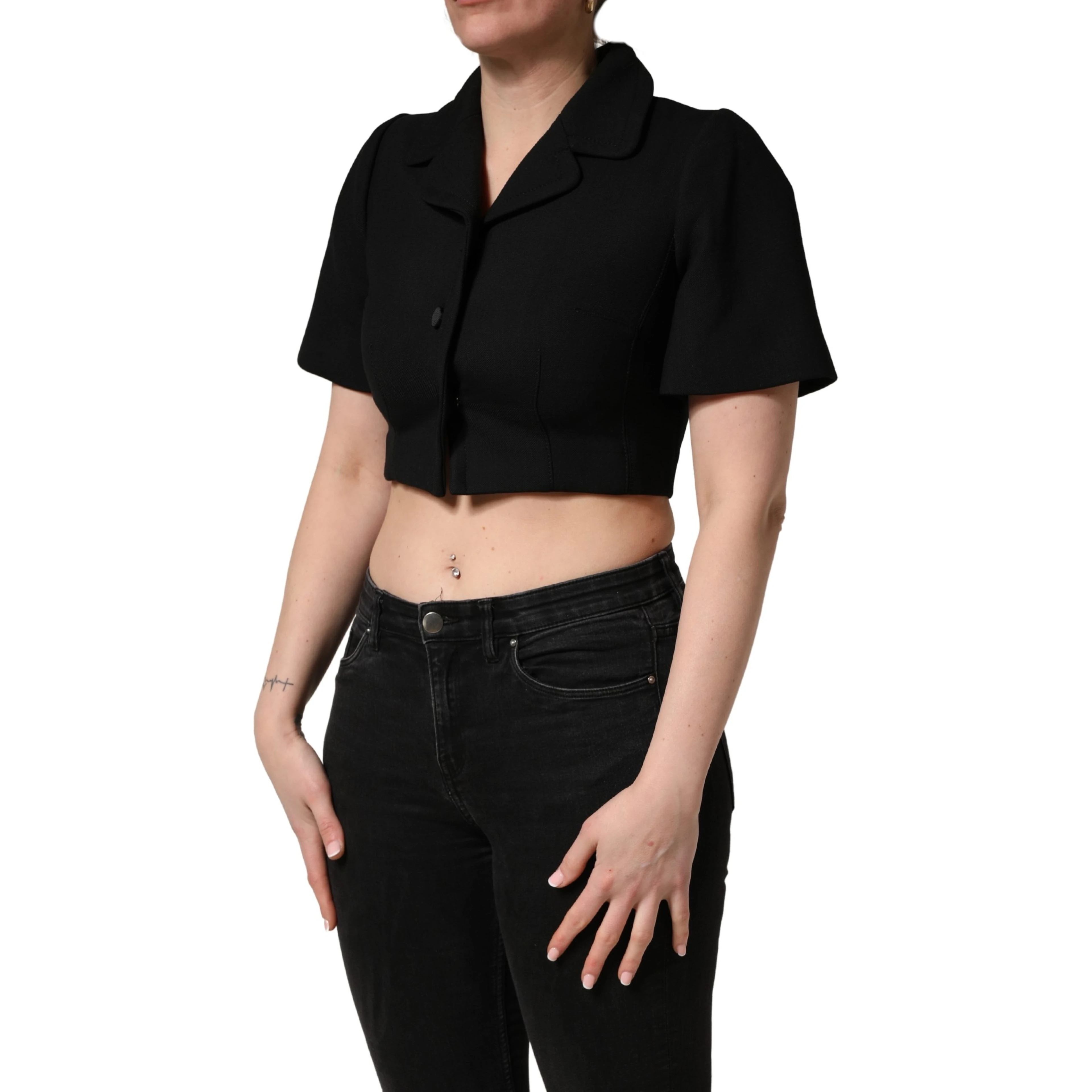 Black Collared Short Sleeves Cropped Blouse Top