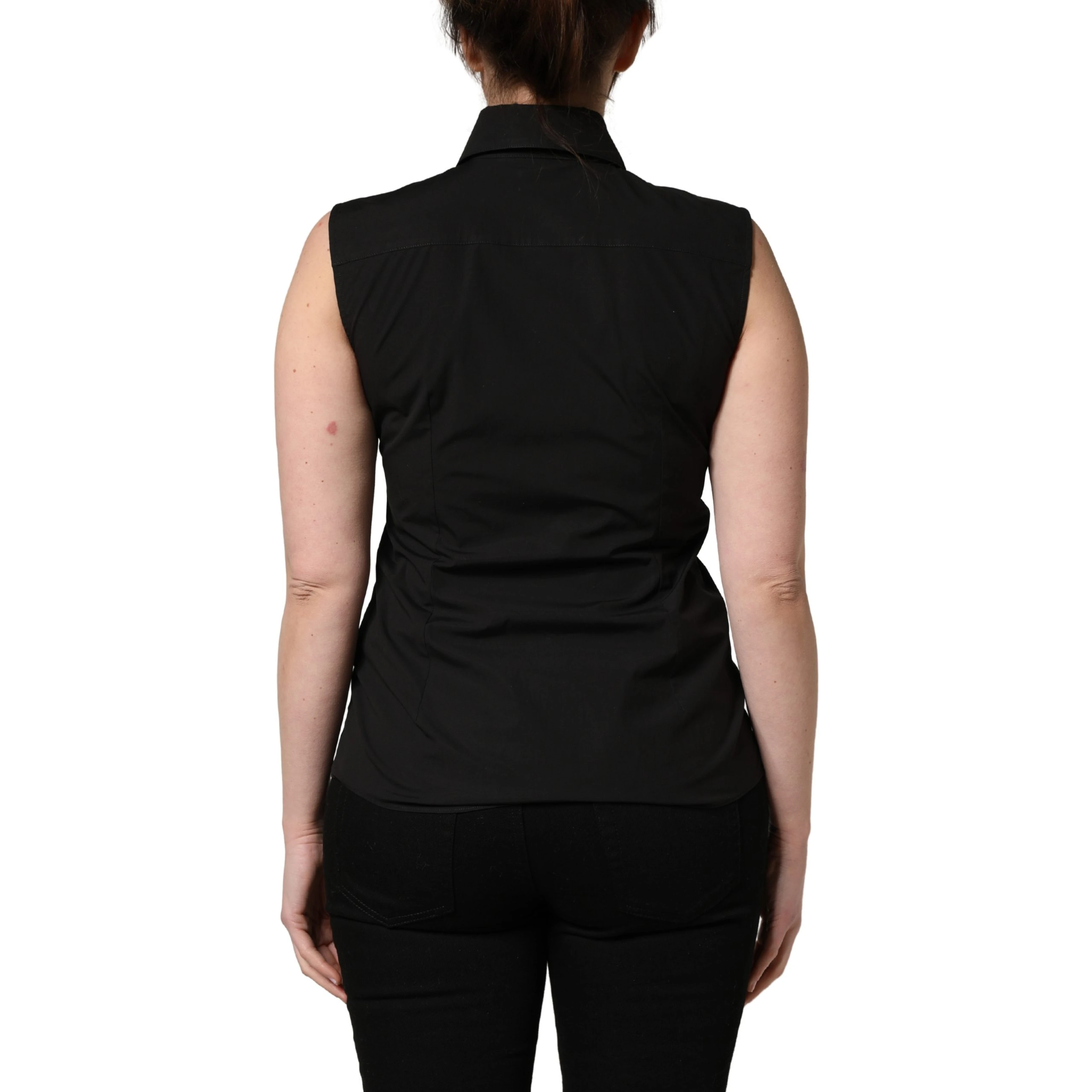 Black Cotton Sleeveless Collared Blouse Top