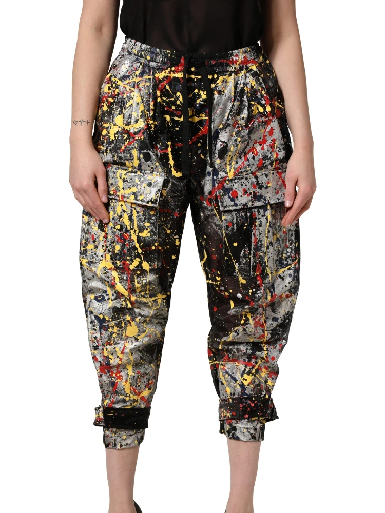 Black ColorSplash Effect Cargo Cropped Pants