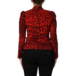 Red Leopard Print Long Sleeves Blouse Top