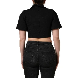 Black Collared Short Sleeves Cropped Blouse Top